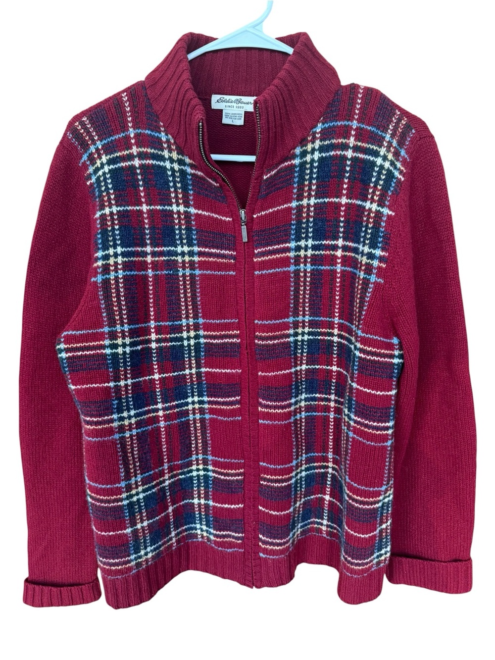Eddie Bauer Vintage 100% Lambswool Maroon Plaid Zip Sweater
